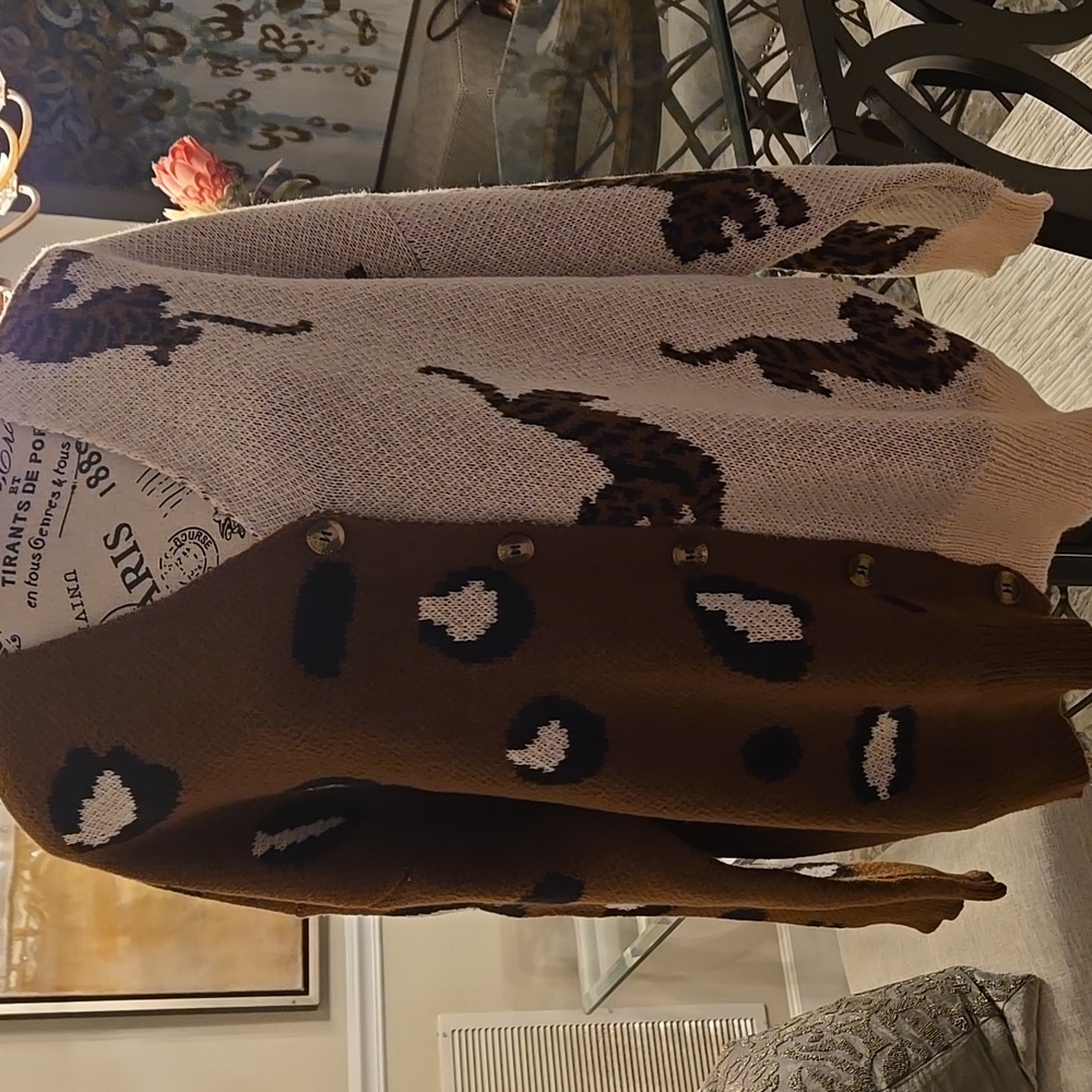 Brown and Tan Leopard Split Pattern Tunic Oversized Chunky Knit Sweater New
